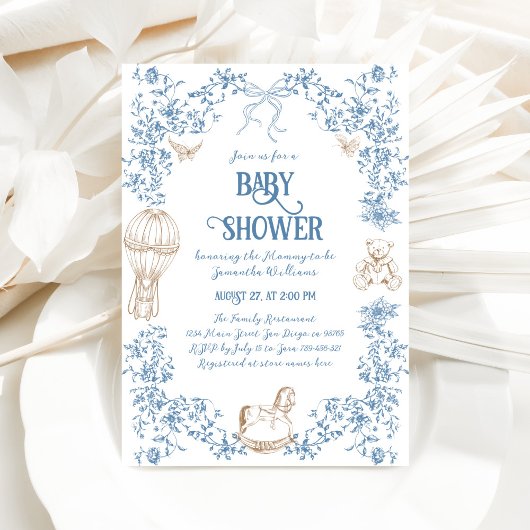 Invitation Baby shower floral bleu foncé