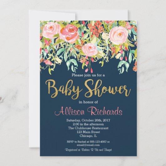 Invitation baby shower floral bleu marine (Devant)