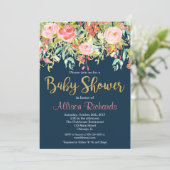 Invitation baby shower floral bleu marine (Debout devant)