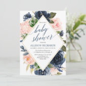 Invitation Baby shower floral bleu marine (Debout devant)