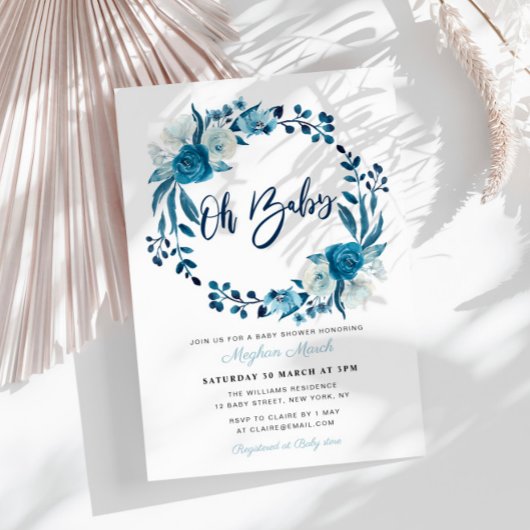 Invitation baby shower floral bleu marine