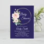 Invitation Baby shower floral bleu marine (Debout devant)