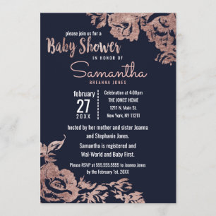 Invitation Baby shower floral bleu marine et or Rose