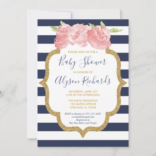 Invitation Baby shower floral bleu marine et rose (Devant)
