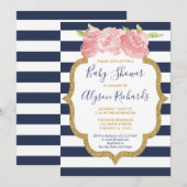 Invitation Baby shower floral bleu marine et rose (Devant / Derrière)