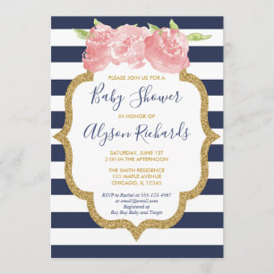 Invitation baby shower floral bleu marine et rose