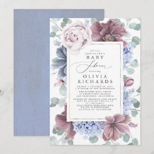 Invitation Baby shower floral bleu mauve et Dusty