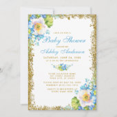 Invitation Baby shower Floral bleu Parties scintillant or Inv (Devant)
