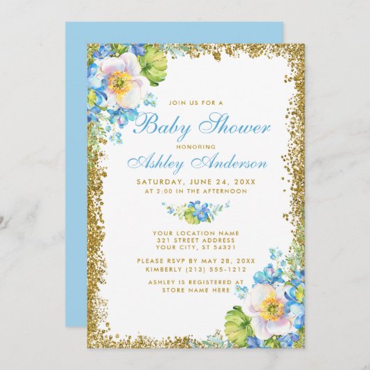 Invitation Baby shower Floral bleu Parties scintillant or Inv (Devant / Derrière)