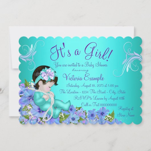 Invitation Baby shower Floral bleu pourpre et Turquoise (Devant)
