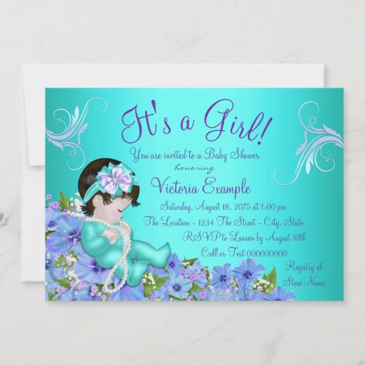 Invitation Baby shower Floral bleu pourpre et Turquoise (Devant)