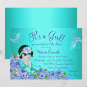 Invitation Baby shower Floral bleu pourpre et Turquoise (Devant / Derrière)