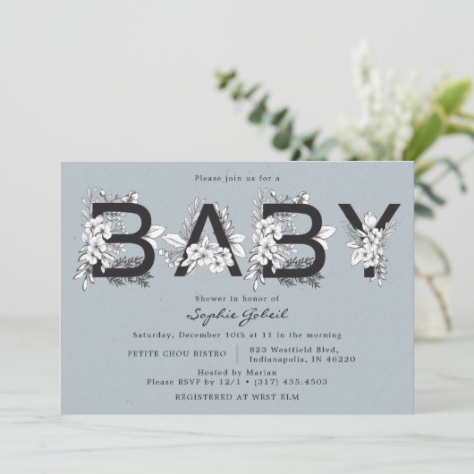 Invitation Baby shower floral bleu poussiéreux (Debout devant)