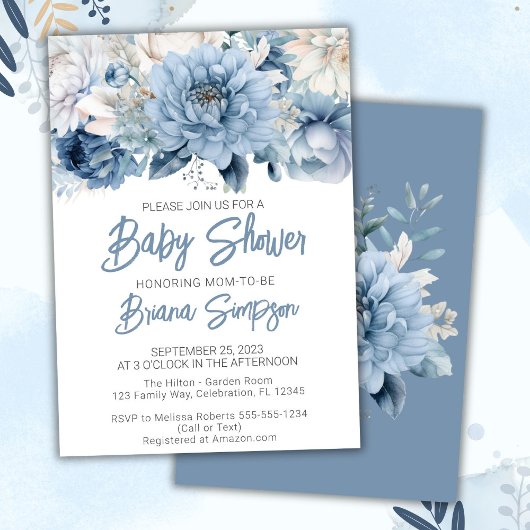 Invitation Baby shower floral bleu poussiéreux