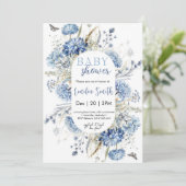 Invitation Baby shower floral bleu poussiéreux (Debout devant)