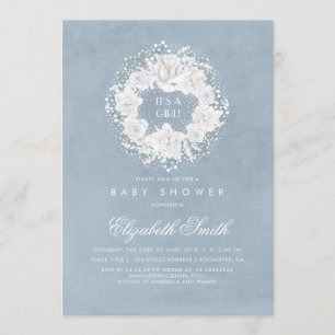 Invitation Baby shower floral bleu poussiéreux pour bébé