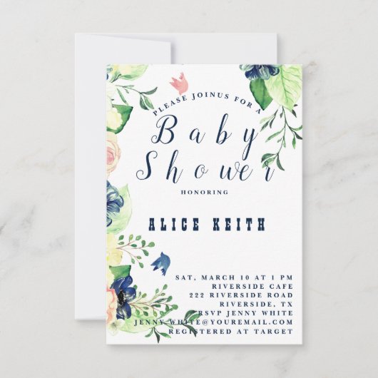 Invitation Baby shower floral bleu printemps (Devant)