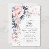 Invitation Baby shower Floral bleu rose (Devant)