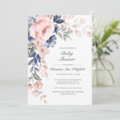 Invitation Baby shower Floral bleu rose (Debout devant)