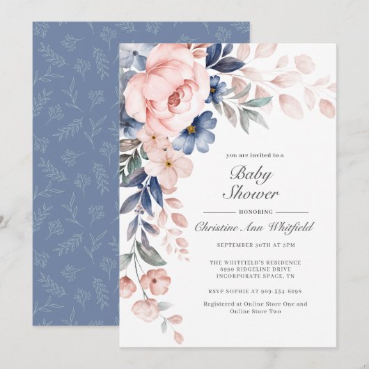 Invitation Baby shower Floral bleu rose (Devant / Derrière)