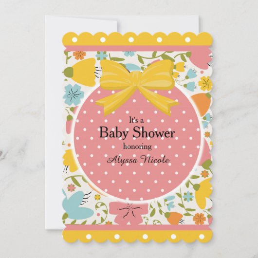 Invitation Baby shower Floral bleu rose et Pointe rose (Devant)