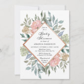 Invitation Baby shower floral bleu rose rustique chic (Devant)