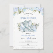 Invitation Baby shower Floral Blue Elephant and Calf Boys (Devant)