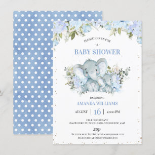 Invitation Baby shower Floral Blue Elephant and Calf Boys