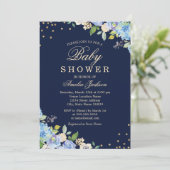 Invitation Baby shower Floral Blue Gold Boy (Debout devant)
