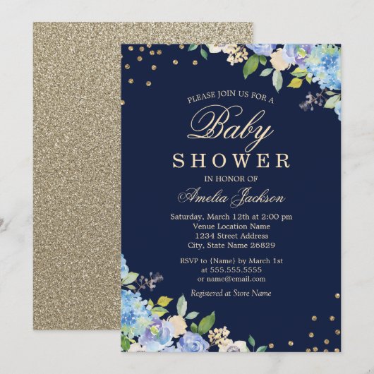 Invitation Baby shower Floral Blue Gold Boy (Devant / Derrière)