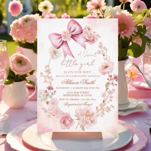 Invitation Baby shower Floral Blush Pink Bow