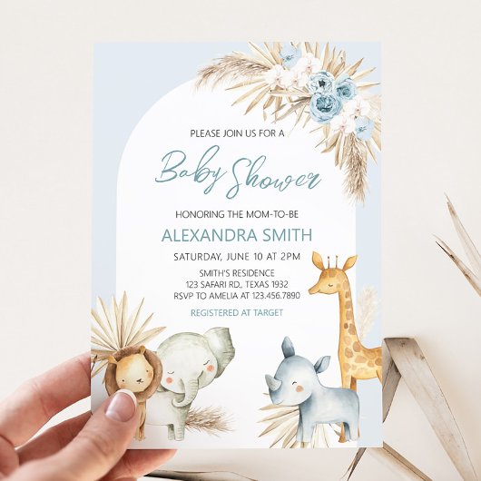 Invitation Baby shower Floral Boho bleu Safari