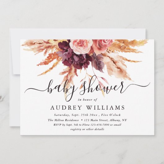 Invitation Baby shower Floral Boho Burgundy Terracotta  (Devant)