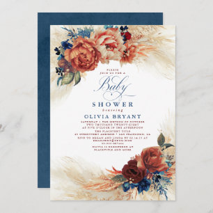 Invitation Baby shower Floral Boho en bleu marine et en terre