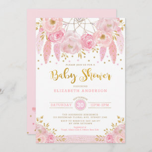 Invitation Baby shower floral Boho Pink and Gold Dreamcatcher