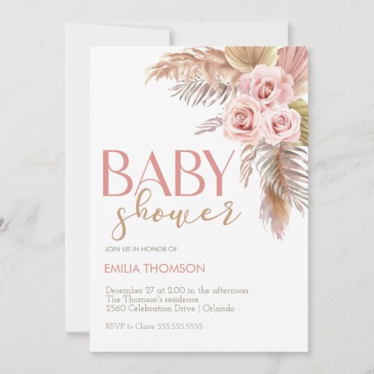 Invitation Baby shower floral Boho rose (Devant)