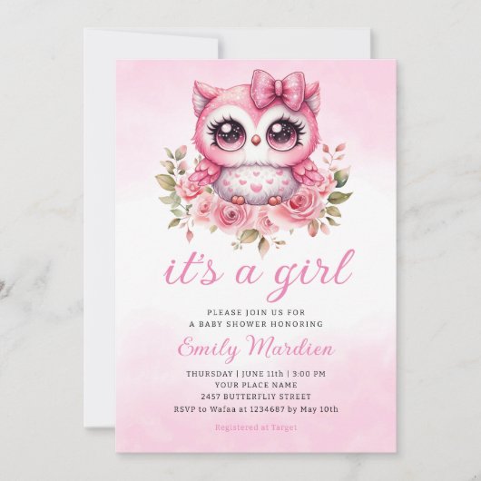 Invitation Baby shower Floral Boho Rose Boho de la Chouette d (Devant)