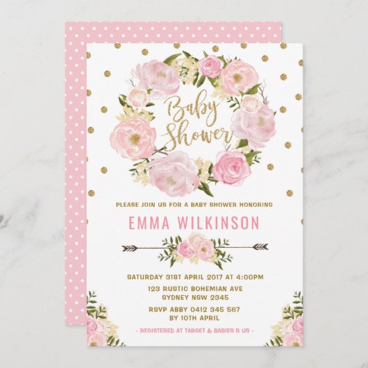 Invitation Baby shower Floral Boho rose et or (Devant / Derrière)