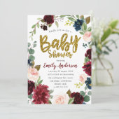 Invitation Baby shower floral bordeaux parties scintillant Fa (Debout devant)