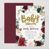 Invitation Baby shower floral bordeaux parties scintillant Fa (Devant / Derrière)