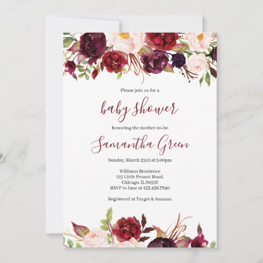 Invitation Baby shower Floral Bourgogne (Devant)