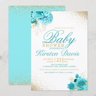 Invitation Baby shower Floral Boy Aqua and Gold Parties scint