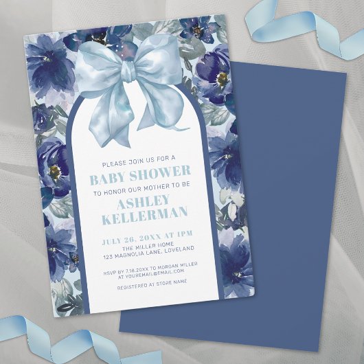 Invitation Baby shower Floral Boy Blue Bow