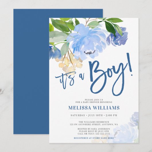 Invitation Baby shower Floral Boy Blue Watercolor (Devant / Derrière)