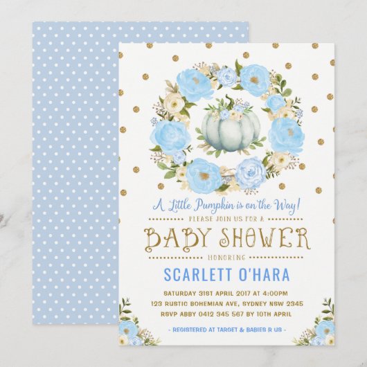 Invitation Baby shower Floral Boy Citrouille Blue Gold (Devant / Derrière)
