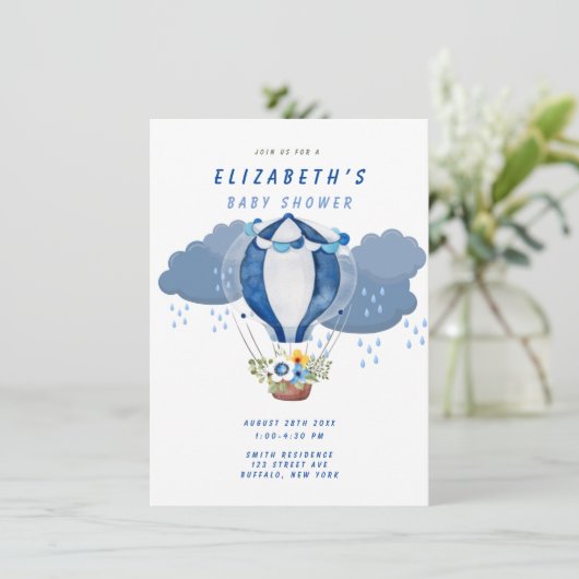 Invitation Baby shower Floral Boy de la Marine Blue Hot Air B (Debout devant)