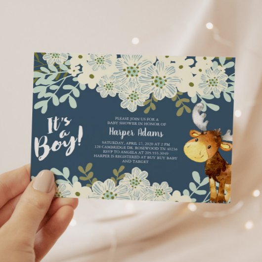 Invitation Baby shower Floral Boy Moose Boy