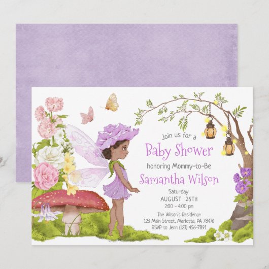 Invitation Baby shower Floral Brown aux fées de violet (Devant / Derrière)