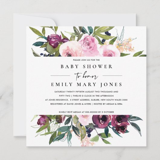 INVITATION BABY SHOWER FLORAL BURGUNDY BURGUNDY LUMINEUX (Devant)