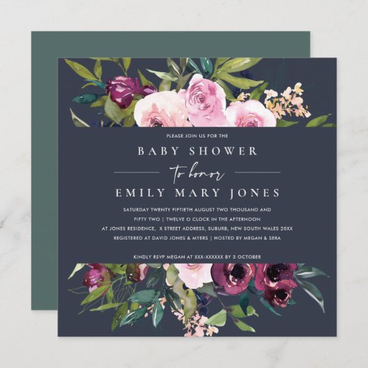 INVITATION BABY SHOWER FLORAL BURGUNDY DE MARINE (Devant / Derrière)